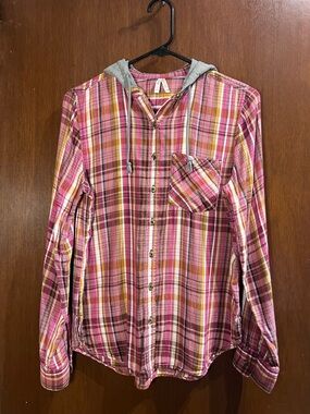 Mudd Pink & Yellow Plaid Flannel Shacket Grey Hood Grunge Shirt Jacket Sz S